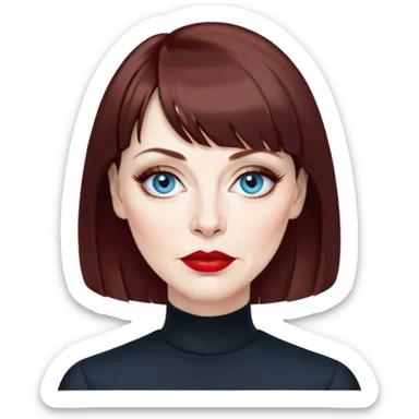 Artistic woman in her late 50s with pale skin, wider face, visible age lines around eyes and mouth, blue eyes with eyeliner, thin eyebrows, red lipstick, dark auburn hair with bangs styled more conservatively, wearing a black top sticker