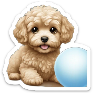 milky brown maltipoo dog playing with a blue ball sticker