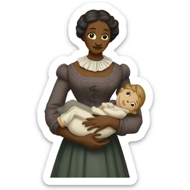 A 19th century woman with a child in her arms. There is a big letter "A" on the dress sticker