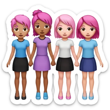 Three women holding hands, three light brown skin , one with pink hair, one with black hair, and one with brown hair sticker