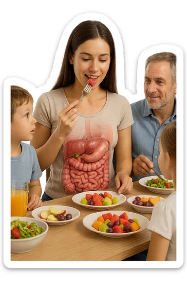 donna seduta a pranzo con la sua famiglia che mangia la frutta con intestino anatomico, iperrealistiche 4k sticker