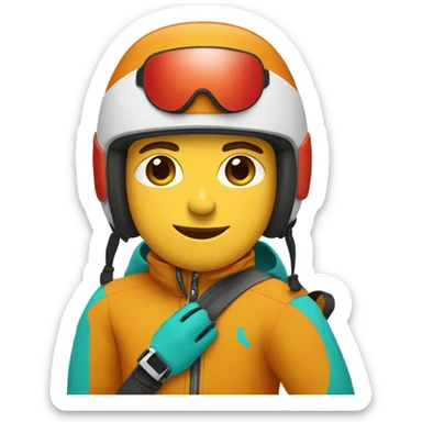 white man skiing wearing a dark yellow orange jacket and a red helmet and turquoise pants sticker