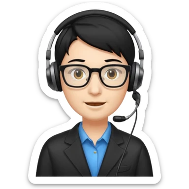 Un locutor de radio, pelo negro, con gafas, sticker