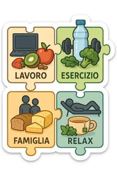 Puzzle (Lavoro, Esercizio, Famiglia, Relax), in lavoro metti icona di un PC, in Esercizio un Manubrio, in Famiglia una famiglia, in Relax qualcuno che riposa and healthy foods are integrated into each piece. in italiano sticker