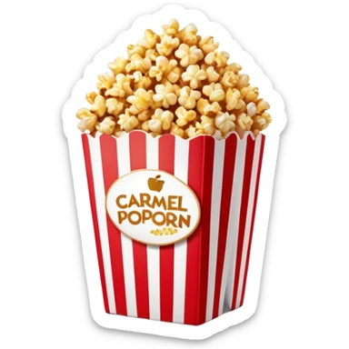 caramel popcorn in an extra large red and white vertically striped package, thick bold stripes, golden brown caramel popcorn, authentic Apple emoji style with glossy finish and subtle gradients, package dominates the image, minimalist clean design, no text sticker