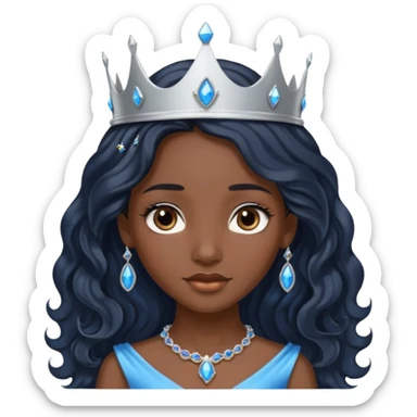 Por favor hazme el emoji de la princesa pero morena con el pelo negro y ondulado y largo, los ojos marrones y la corona plateada con jollas azules sticker