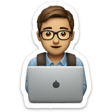 male nerd with brown hair waiting in front of laptop sticker