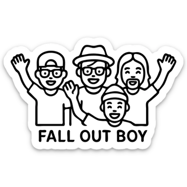 cartoon icons of the band Fall Out Boy, each member with their signature look, energetic and fun, suitable for music fans sticker