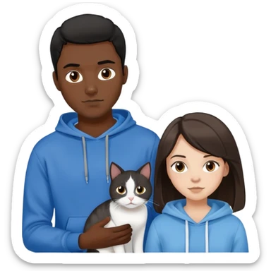 dark-skinned man with black hair and a black sweatshirt and a white girl with brown hair, a blue top, and a gray and white cat sticker