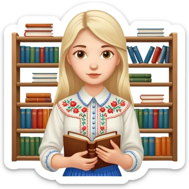 A Ukrainian girl in an embroidered shirt holds many books sticker
