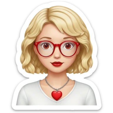 white girl head with short wavy blonde bob hair, red round glasses, heart necklace sticker