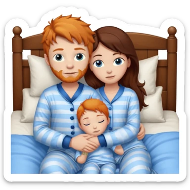 Ginger boy hugging girl with very dark brown hair. Both have blue eyes. They are in bed.  sticker