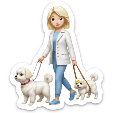 blonde woman wearing white, walking a maltese dog. sticker