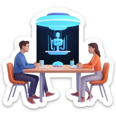 two people brainstorming at a table, with an AI assistant floating above, projecting creative ideas and strategic plans as holograms sticker