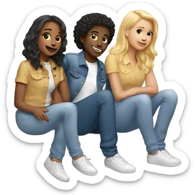 3 white friends on the stairs in all denim outfits  sticker