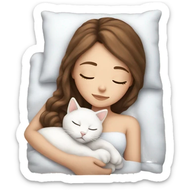 White girl brown hair sleeping with white kitty sticker