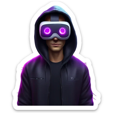 Russian man wearing a black hoodie with "OMG" letters on it and VR headset in a cyberpunk VR environment with violet neon lighting. sticker