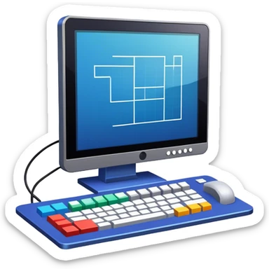 Professional icon for Game Design: computer screen with game interface, 3D models, pixel art, and design tools like grid, wireframe, and stylus. Symbolizes the technical and creative process of game development. Transparent background. sticker