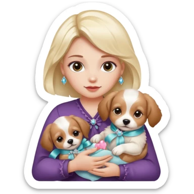 woman holding baby dogs with ribbons and crystals sticker