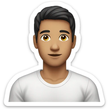 a young man, shorter black-brown hair and dark brown eyes wearing a white t-shirt sticker