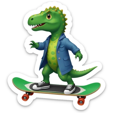 a dinosaur on a skateboard wearing a coat with sneakers in the bottom sticker
