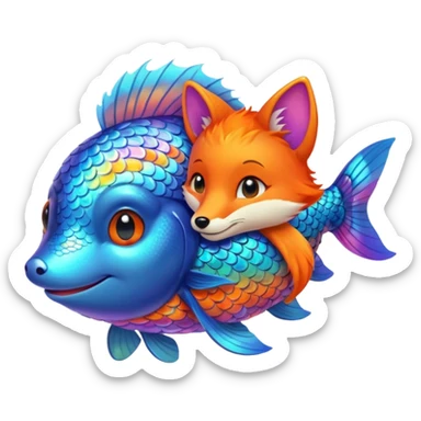 Make the rainbow fish glow a little larger, hugging or cuddling the fox sticker