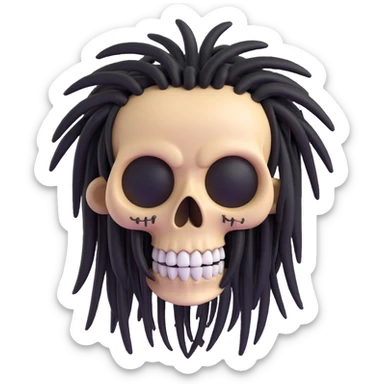 3D cartoon skull with black dreadlocks, big eyes, smiling sticker