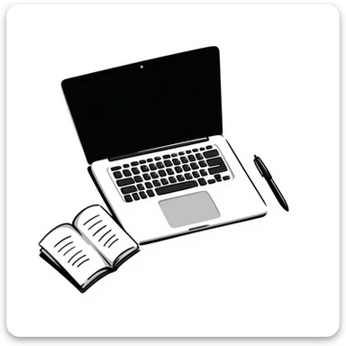 top view of a MacBook and a notebook with a pen nearby sticker