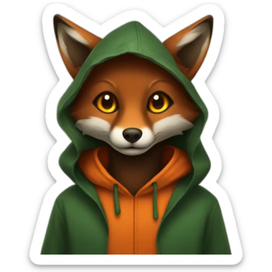 a small dark brown fox with orange eyes with a dark green hood that smile sticker