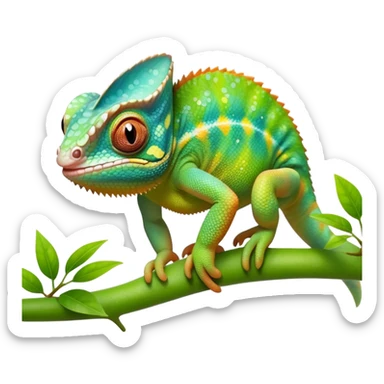 cinematic cute-smiling baby chameleon-realistic emoji,-blending-with-vibrant-greenery.-detailed-scales-in-shifting-colors,-showing-the-chameleon’s-ability-to-camouflage.-soft-natural-light-highlights-its-texture.-light-background, zoomed into its face sticker