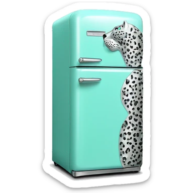Realistic silver and pastel tiffany blue retro vintage fridge with shiny sparkly glitter and silver leopard print spots on it. sticker