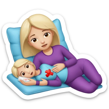 A girl, lying on her side suffering from menstrual cramps, has a hot water bottle on her stomach. sticker