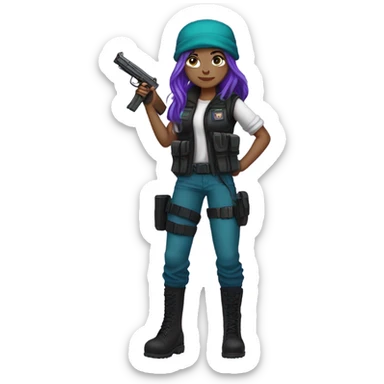 Girl, white skin, tactical vest, dark pants, long teal purple hair, blue eyes, purple beanie hat, gun, black combat boots sticker