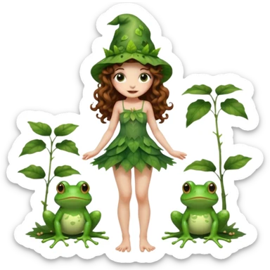 full body woman long curly brown hair brown eyes white skin tattoos wearing cute frog hat and sheer leaf dress, barefoot, flirty forest fairy pose sticker