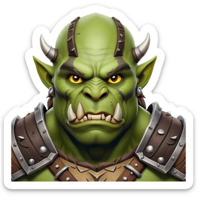 Cinematic Realistic WoW Orc Warrior Portrait, head tilted epicly and inquisitively, showcasing a commanding presence and raw, unyielding power. His battle-hardened green skin and muscular form, accented by meticulously crafted tribal armor in deep earthy hues, are rendered with lifelike clarity and dynamic lighting, high shine, epic and awe-inspiring, embodying the relentless spirit of an orc warrior ready for battle. sticker
