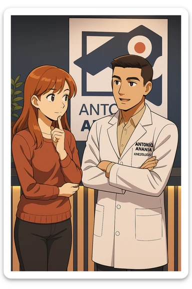 su questo stile fai un manga/webtoon a colori in cui una donna SI TOCCA IL MENTO CON L'INDICE MENTRE ASCOLTA PENSIEROSA L'UOMO, l'uomo della foto in stile manga LE SPIEGA CHE DEVE PROVARE LA SUA VALUTAZIONE MEDICA, mantieni un ambiente simile alla foto che ho allegato con il suo logo (sarebbe il suo studio, lui è un kinesiologo), scrivigli "ANTONIO ANANIA" sul camice bianco, non mettere fumetti, ma fai in modo che sembri che la donna ASCOLTI l'uomo sticker