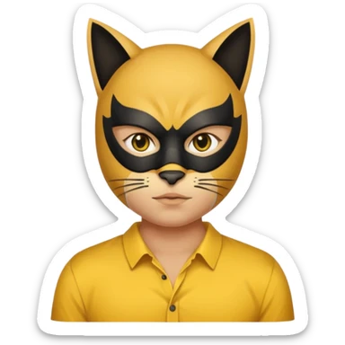 a black cat with yellow mask and shirt, half upon
 sticker