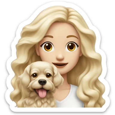 White blonde long wavy hair girl holding a cute multipu dog with short ears wavy beige fur sticker