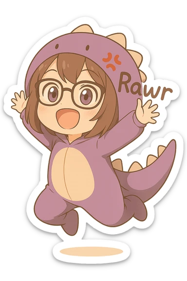 Add the text 'Rawr' in a cute, playful font near the chibi anime style gamer girl, matching her expression and style, with no background. sticker