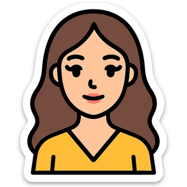 oval face with wide dark eyes and long eyelashes, soft nose and lips, light skin, long wavy dark brown hair, slim body, simple elegant clothes without hijab, colorful icon style with clear lines sticker