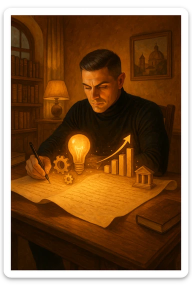 Un uomo concentrato, seduto alla sua scrivania in una stanza con luce calda, sta scrivendo su un enorme foglio di carta che si espande magicamente davanti a lui. Mentre scrive, le parole si trasformano in elementi visivi tridimensionali che rappresentano le soluzioni ai suoi problemi in italiano sticker