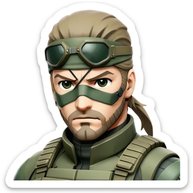 Cinematic Realistic Metal Gear Solid Snake Soldier Portrait, depicted with steely determination and tactical precision. Clad in intricately detailed combat attire in consistent muted greens, browns, and blacks, his rugged, weathered features and piercing eyes exude relentless resolve. Rendered with lifelike texture and dramatic, natural lighting, high shine, noble and stealthy, capturing the essence of a legendary soldier operating in the shadows. sticker