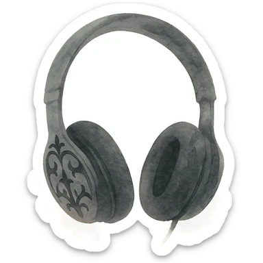 black gothic headphones with soft black washes and delicate gothic patterns, watercolor art style sticker