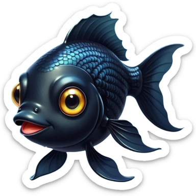 Cinematic Cute Black Goldfish Portrait Emoji, Head tilted playfully and inquisitively, featuring a glossy, deep black body with shimmering scales and round, sparkling golden eyes filled with curiosity, Simplified yet irresistibly adorable features, highly detailed, glowing with a warm, friendly glow, high shine, affectionate and lively, stylized with a touch of whimsy, bright and endearing, soft glowing outline, capturing the essence of a mischievous yet loving goldfish, so playful it feels like it could swim out of the screen and into your heart! sticker