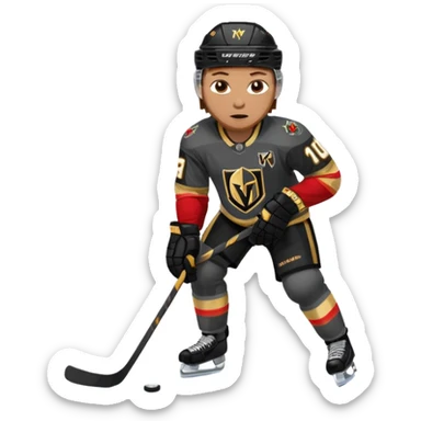 A hockey player in a Vegas Golden Knights black & gold jersey, red accent glow, centered stance, stick on the ice, faceoff position sticker