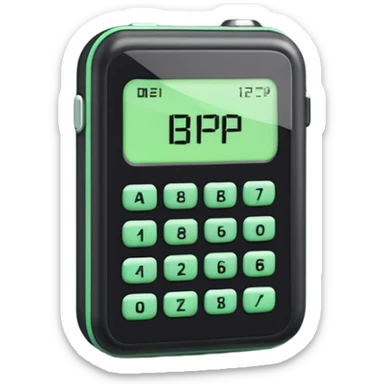 90s style pager, black with light green digital screen reading BIP in pixel letters, rounded edges, buttons, modern iOS emoji style, soft highlights, subtle shadows sticker