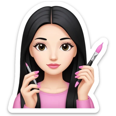 Pink Nail Tech with black long hair holding small acrylic brush sticker