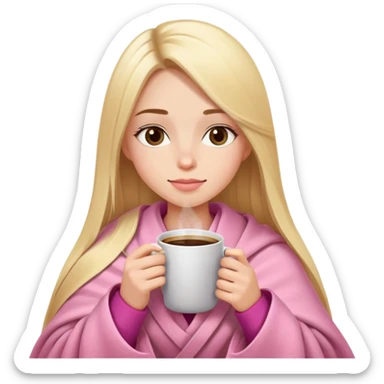 Long blonde straight hair girl drinking coffee, almond dark brown eyes, pink blanket sticker