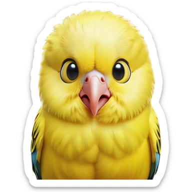 Cinematic Comical Yellow Budgie Portrait Emoji, Head tilted dramatically with an exaggeratedly amused expression, featuring a striking yellow feathered fur with a glossy finish, wide, expressive dark eyes filled with playful disbelief, Simplified yet hilariously expressive features, highly detailed, glowing with a slightly sassy glow, high shine, dramatic yet playful, stylized with an air of cheeky mischief, bright and endearing, soft glowing outline, capturing the essence of a spirited and over-the-top budgie, so meme-worthy it feels like it could side-eye its way into internet fame instantly! sticker