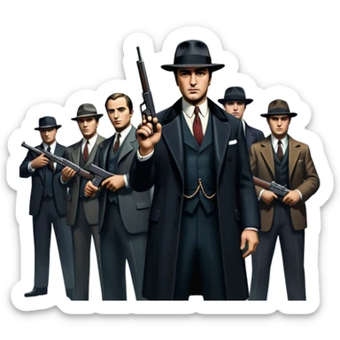 Vintage noir poster with Don Corleone surrounded by gangsters holding Thompson submachine guns. Dark and moody atmosphere with shadows, suits, and a mysterious vibe. Background features New York skyscrapers, adding to the gritty, classic gangster film feel. Transparent background. sticker